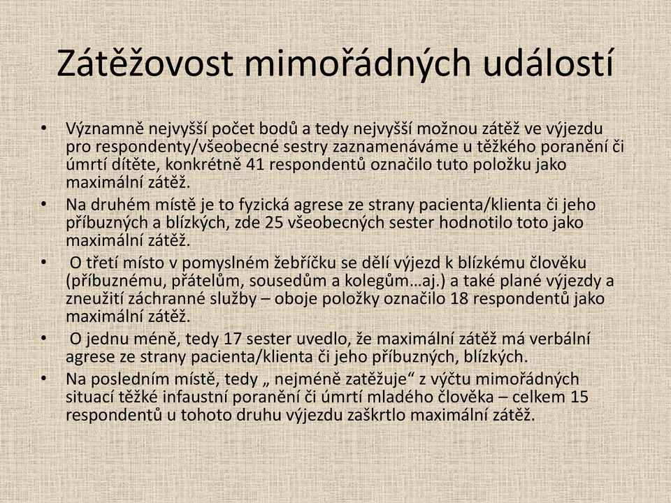 Na druhém místě je to fyzická agrese ze strany pacienta/klienta či jeho příbuzných a blízkých, zde 25 všeobecných sester hodnotilo toto jako maximální zátěž.