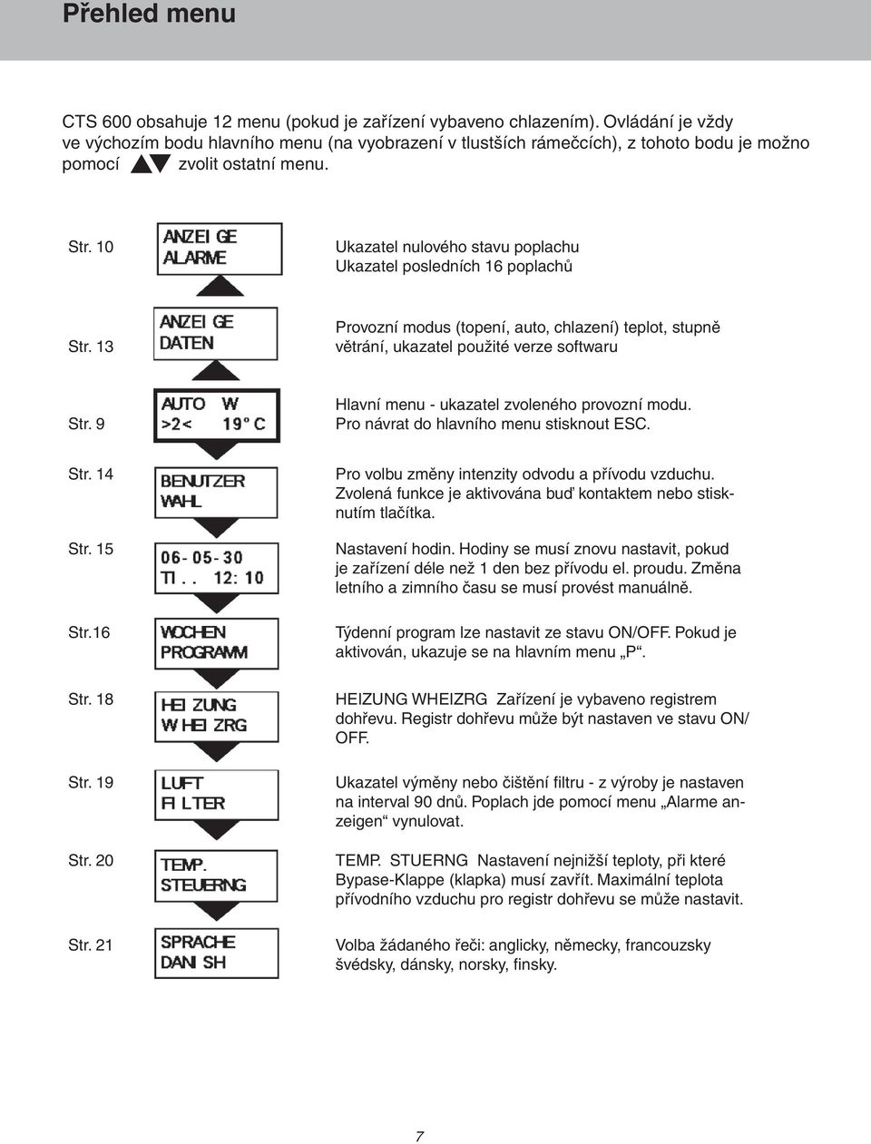 10 Ukazatel nulového stavu poplachu Ukazatel posledních 16 poplachů Str. 13 Provozní modus (topení, auto, chlazení) teplot, stupně větrání, ukazatel použité verze softwaru Str.