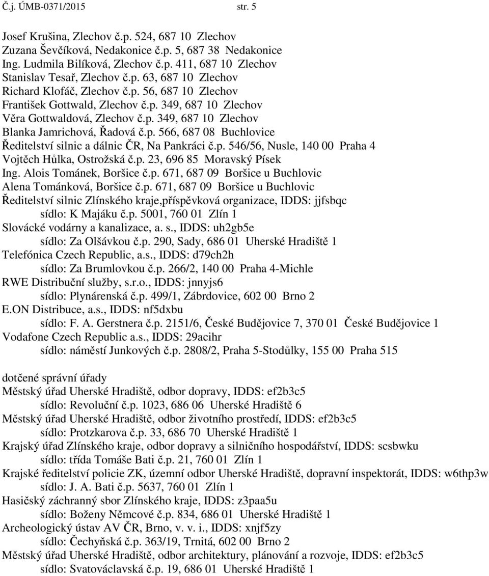 p. 566, 687 08 Buchlovice Ředitelství silnic a dálnic ČR, Na Pankráci č.p. 546/56, Nusle, 140 00 Praha 4 Vojtěch Hůlka, Ostrožská č.p. 23, 696 85 Moravský Písek Ing. Alois Tománek, Boršice č.p. 671, 687 09 Boršice u Buchlovic Alena Tománková, Boršice č.