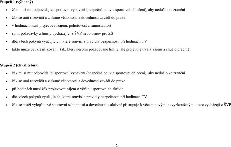 TV takto může být klasifikován i žák, který nesplní požadované limity, ale projevuje trvalý zájem a chuť o předmět Stupeň 2 (chvalitebný) žák musí mít odpovídající sportovní vybavení (bezpečná obuv a