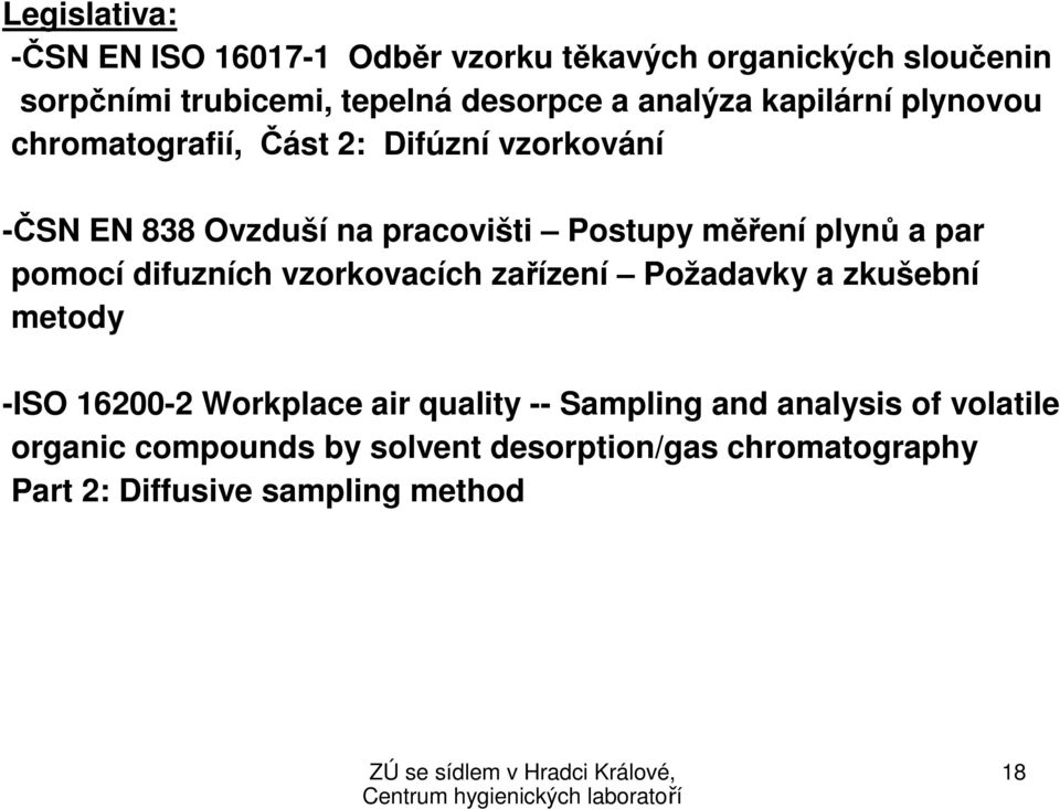 plynů a par pomocí difuzních vzorkovacích zařízení Požadavky a zkušební metody -ISO 16200-2 Workplace air quality --