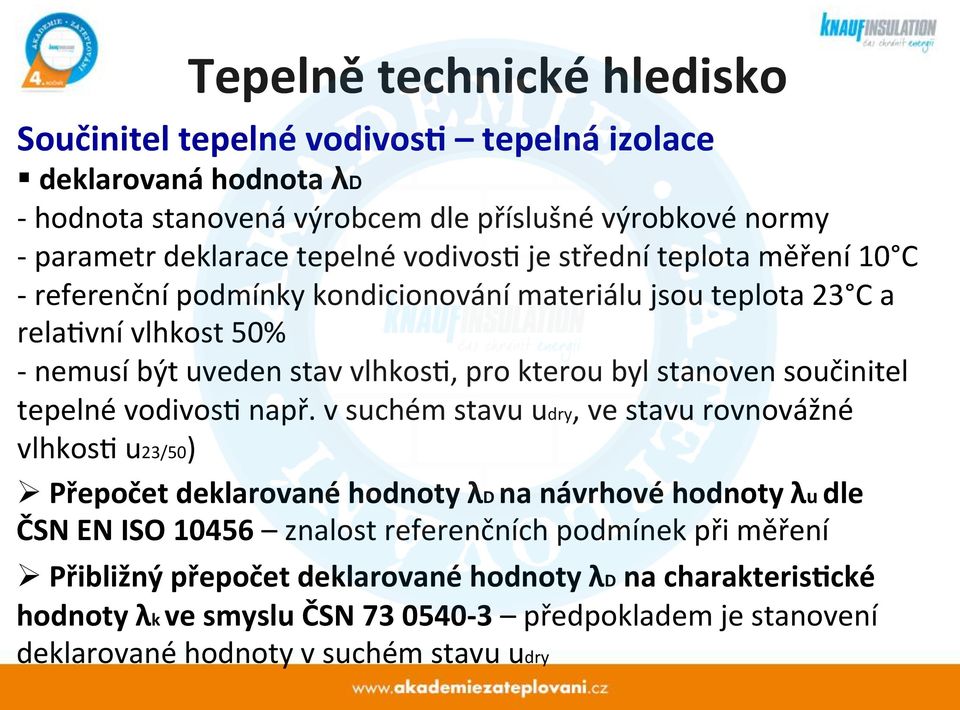 kondicionování materiálu jsou teplota 23 C a relahvní vlhkost 50% - nemusí být uveden stav vlhkosh, pro kterou byl stanoven součinitel tepelné vodivosh např.