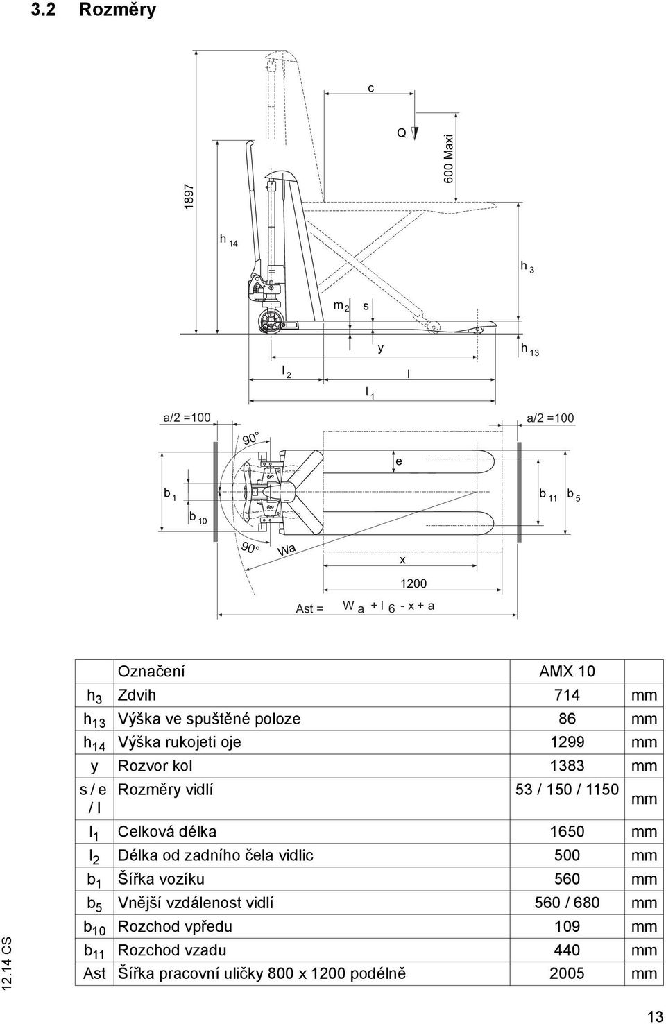 Rozměry vidlí / l 53 / 150 / 1150 mm l 1 Celková délka 1650 mm l 2 Délka od zadního čela vidlic 500 mm b 1 Šířka vozíku 560 mm b 5