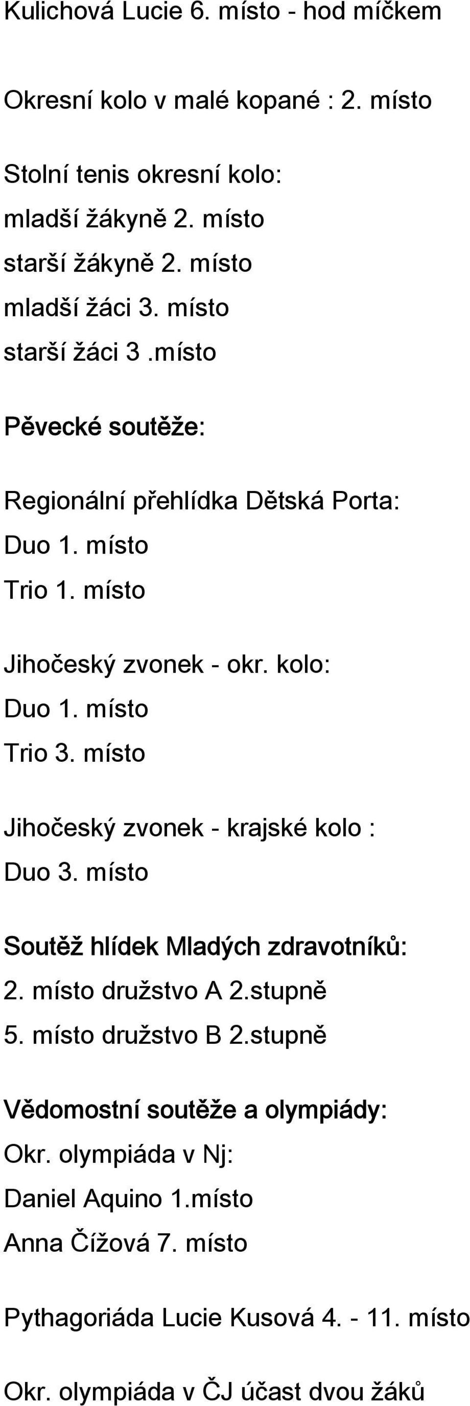 kolo: Duo 1. místo Trio 3. místo Jihočeský zvonek - krajské kolo : Duo 3. místo Soutěž hlídek Mladých zdravotníků: 2. místo družstvo A 2.stupně 5.