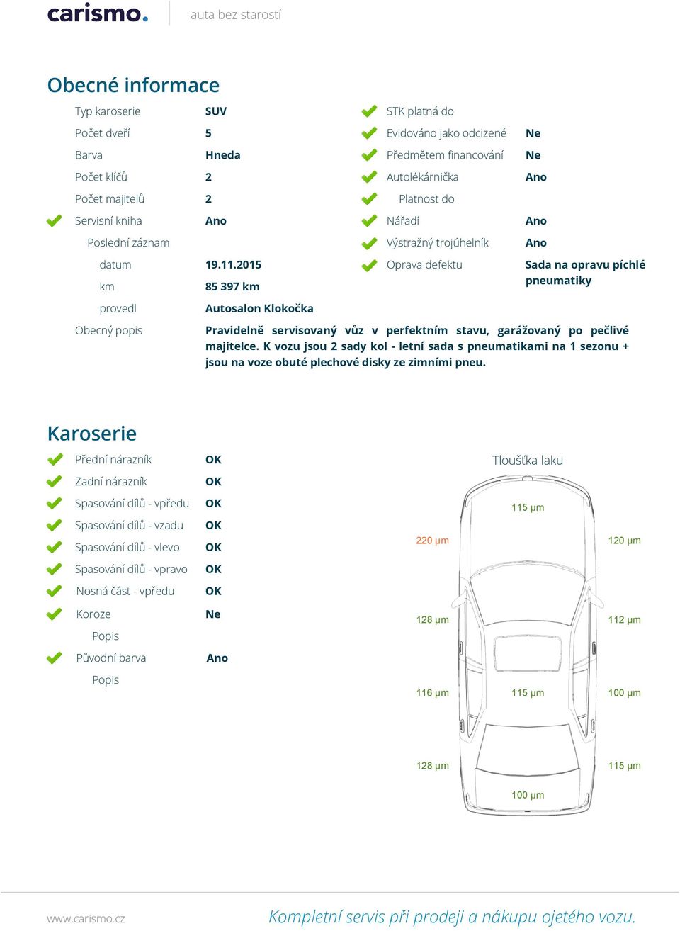 015 85 397 Oprava defektu Sada na opravu píchlé pneumatiky provedl Autosalon Klokočka Obecný popis Pravidelně servisovaný vůz v perfektním stavu, garážovaný po pečlivé majitelce.