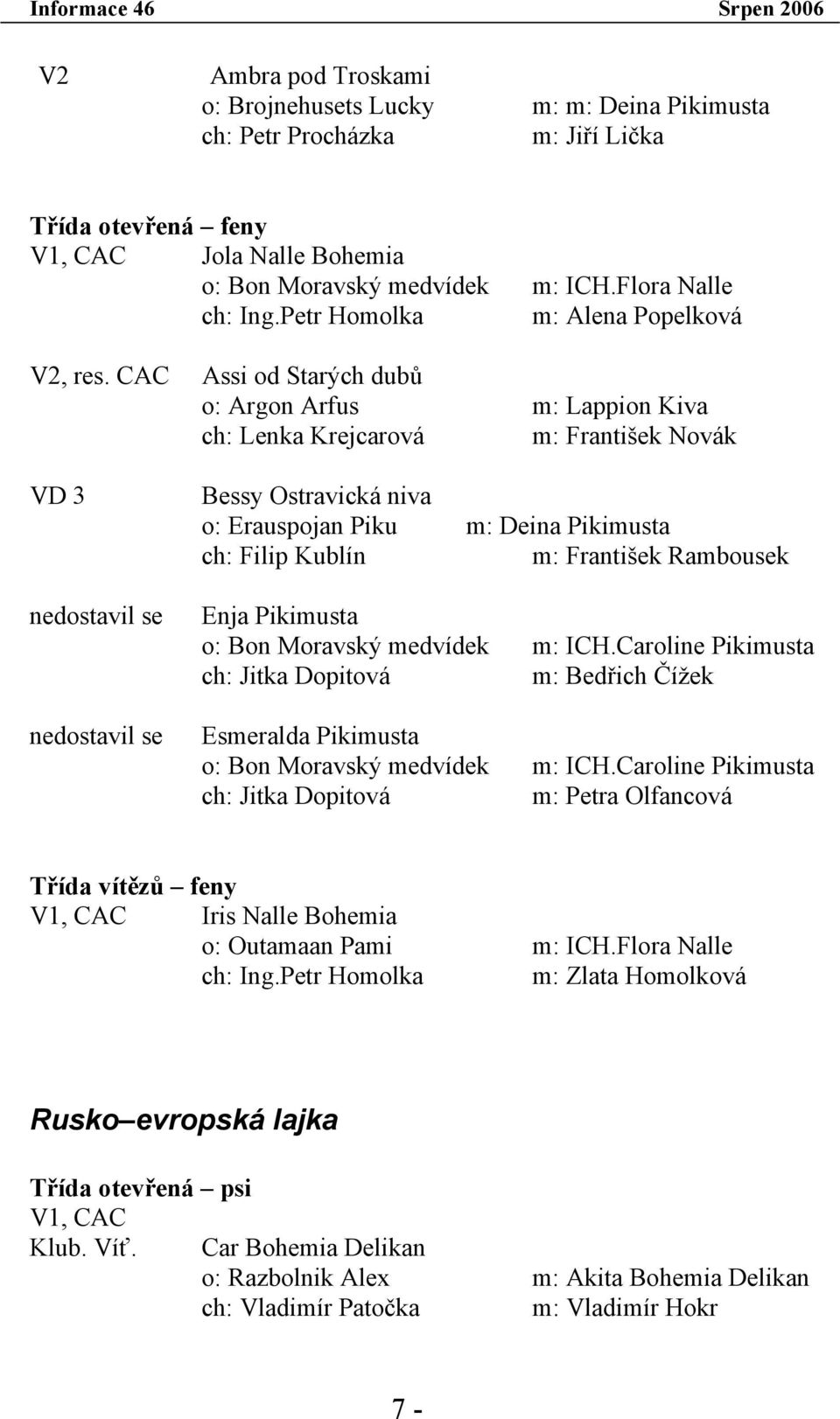 CAC Assi od Starých dubů o: Argon Arfus m: Lappion Kiva ch: Lenka Krejcarová m: František Novák VD 3 nedostavil se nedostavil se Bessy Ostravická niva o: Erauspojan Piku m: Deina Pikimusta ch: Filip