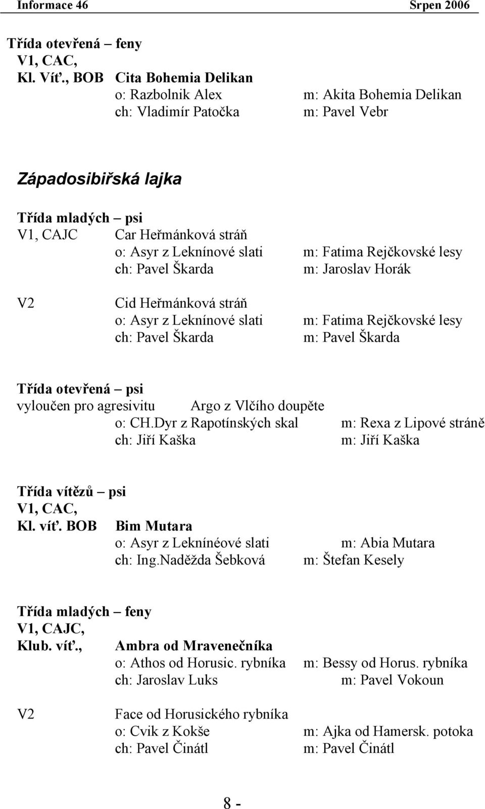 m: Fatima Rejčkovské lesy ch: Pavel Škarda m: Jaroslav Horák V2 Cid Heřmánková stráň o: Asyr z Leknínové slati m: Fatima Rejčkovské lesy ch: Pavel Škarda m: Pavel Škarda Třída otevřená psi vyloučen