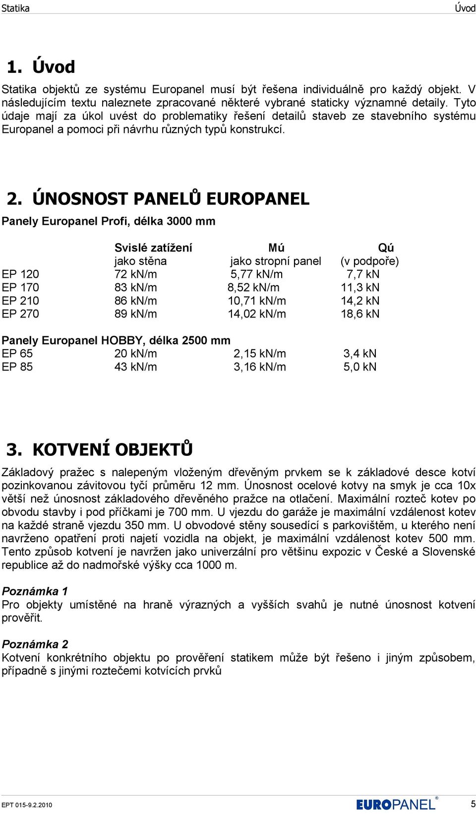 ÚNOSNOST PANELŮ EUROPANEL Panely Europanel Profi, délka 3000 mm Svislé zatížení Mú Qú jako stěna jako stropní panel (v podpoře) EP 120 72 kn/m 5,77 kn/m 7,7 kn EP 170 83 kn/m 8,52 kn/m 11,3 kn EP 210