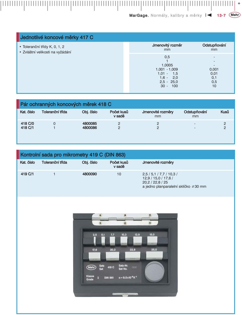 číslo Počet kusů Jmenovité rozměry Odstupňování Kusů v sadě mm mm 418 C/0 0 4800085 2 2-2 418 C/1 1 4800086 2 2-2 Kontrolní sada pro mikrometry 419 C (DIN 863)