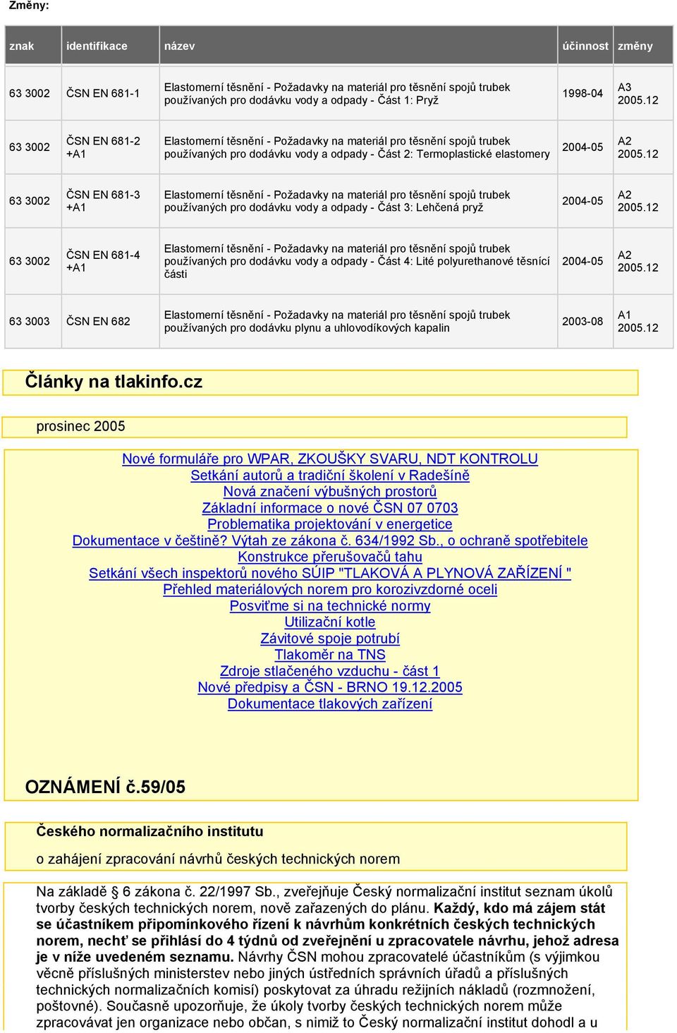 těsnění - Požadavky na materiál pro těsnění spojů trubek používaných pro dodávku vody a odpady - Část 3: Lehčená pryž 2004-05 A2 63 3002 681-4 +A1 Elastomerní těsnění - Požadavky na materiál pro