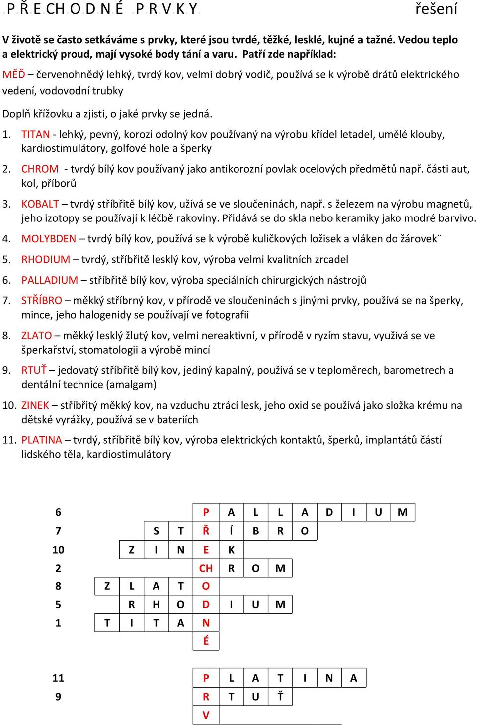 TITAN - lehký, pevný, korozi odolný kov používaný na výrobu křídel letadel, umělé klouby, kardiostimulátory, golfové hole a šperky 2.