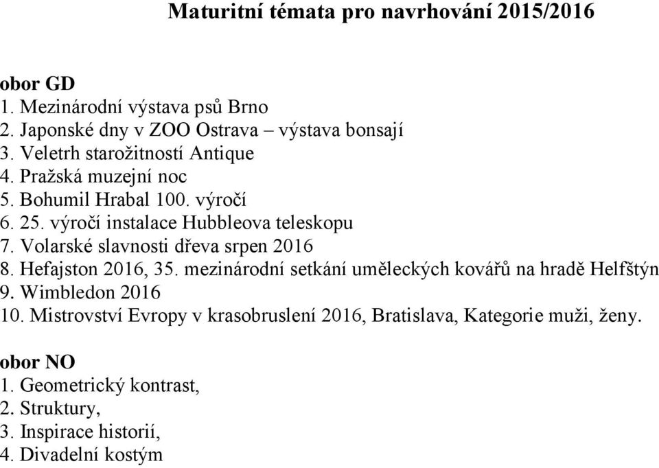 Volarské slavnosti dřeva srpen 2016 8. Hefajston 2016, 35. mezinárodní setkání uměleckých kovářů na hradě Helfštýn 9. Wimbledon 2016 10.