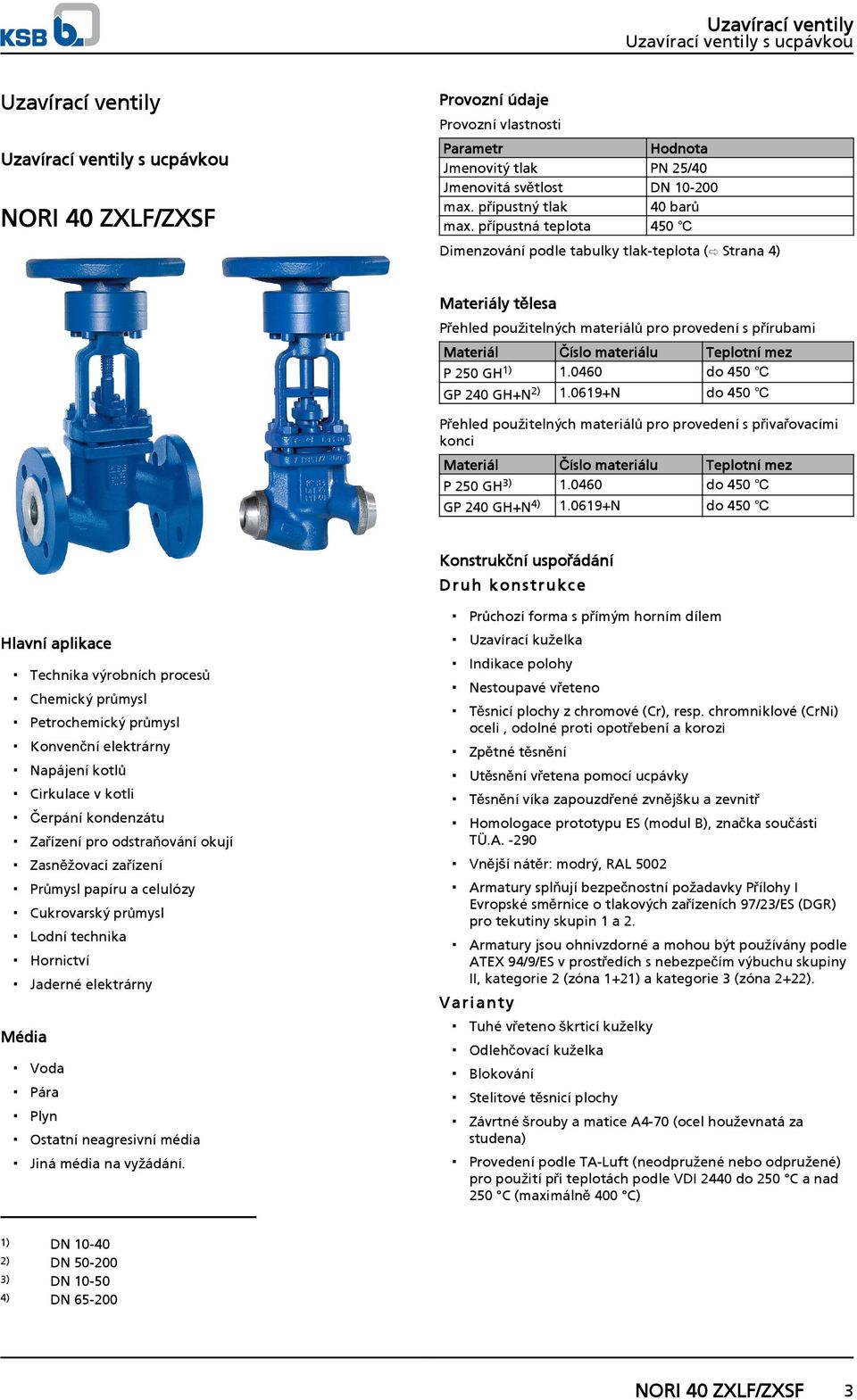 0460 do 450 GP 240 GH+N 2) 1.0619+N do 450 Přehled použitelných materiálů pro provedení s přivařovacími konci Materiál Číslo materiálu Teplotní mez P 250 GH 3) 1.0460 do 450 GP 240 GH+N 4) 1.