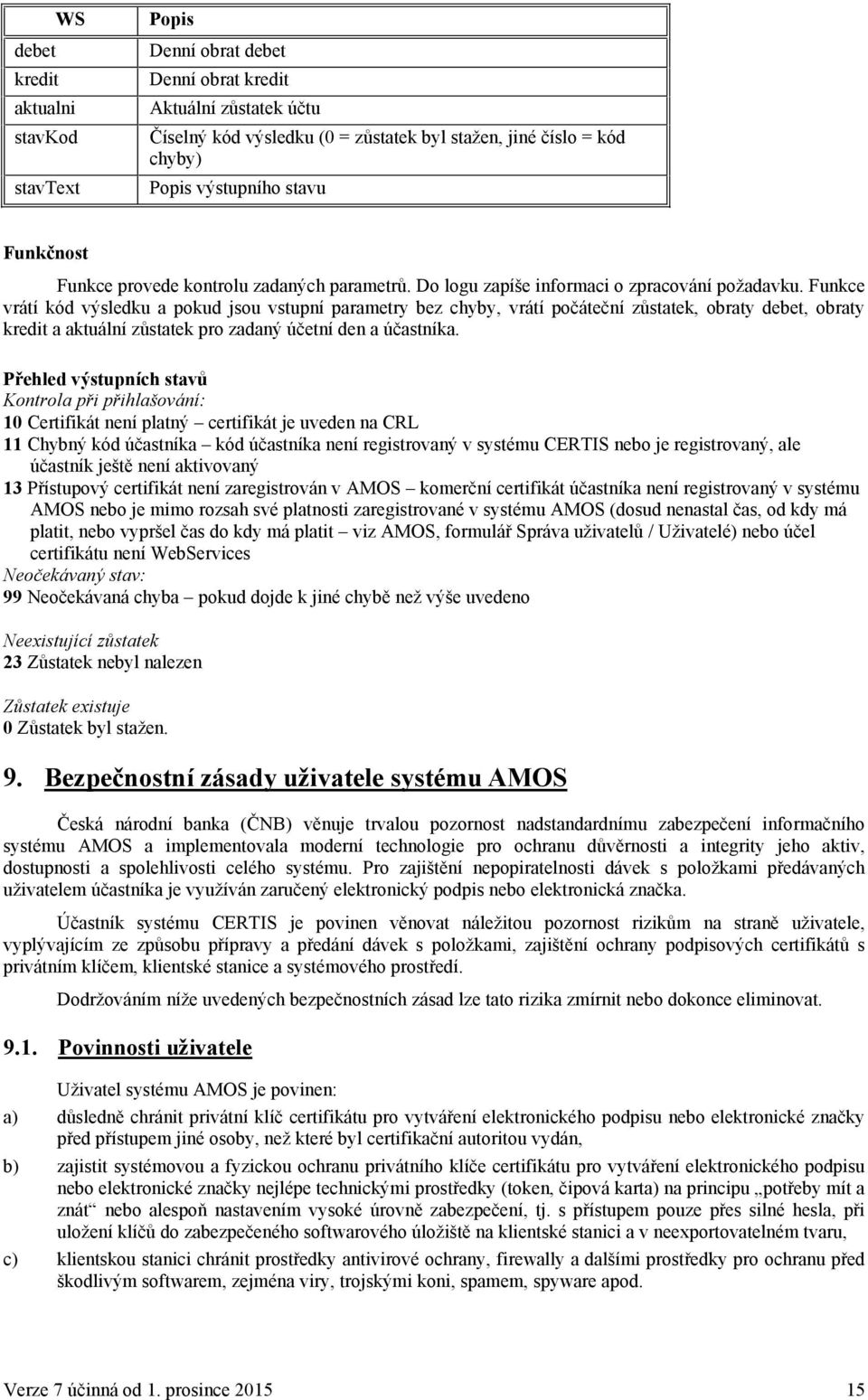 Funkce vrátí kód výsledku a pokud jsou vstupní parametry bez chyby, vrátí počáteční zůstatek, obraty debet, obraty kredit a aktuální zůstatek pro zadaný účetní den a účastníka.