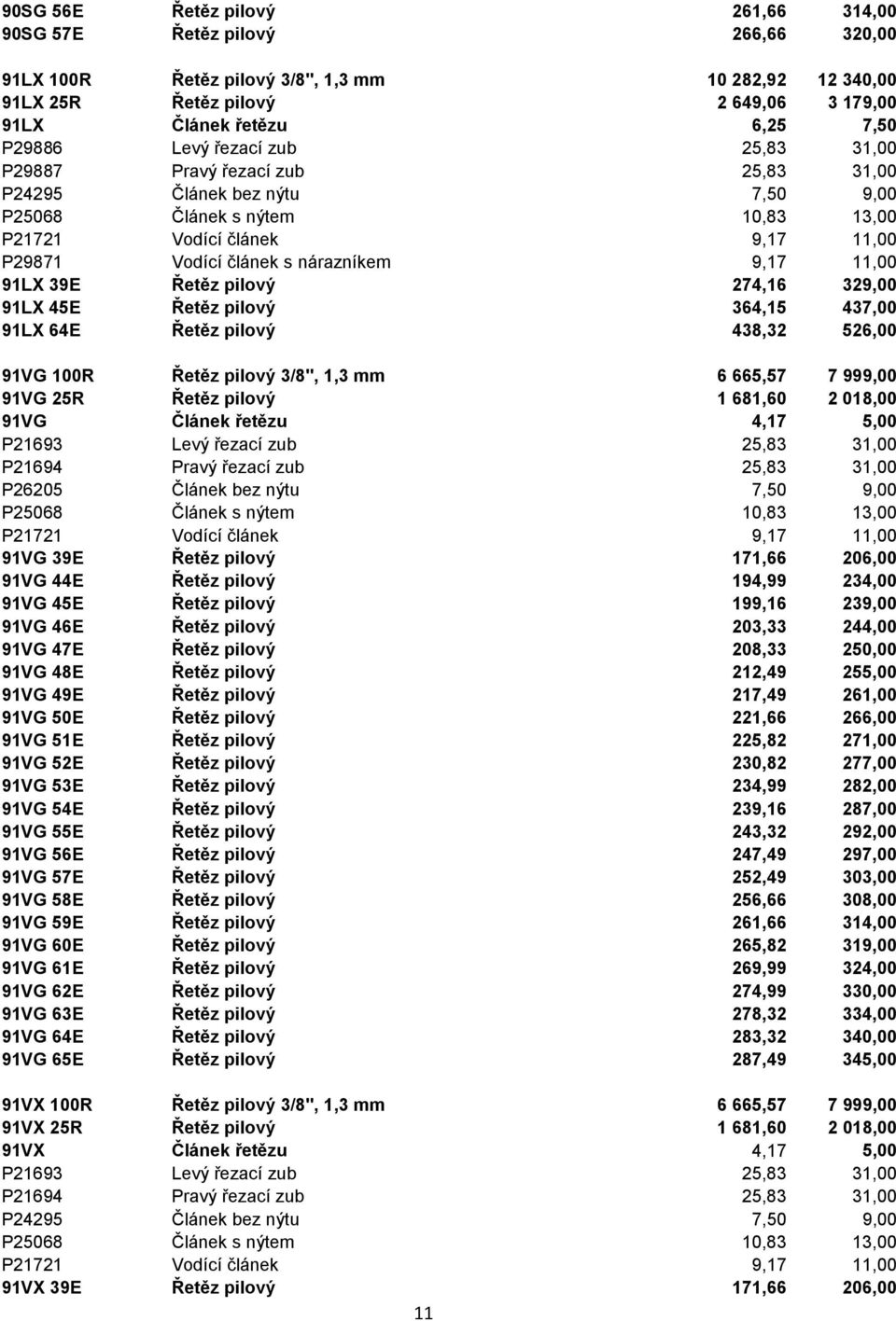 nárazníkem 9,17 11,00 91LX 39E Řetěz pilový 274,16 329,00 91LX 45E Řetěz pilový 364,15 437,00 91LX 64E Řetěz pilový 438,32 526,00 91VG 100R Řetěz pilový 3/8", 1,3 mm 6 665,57 7 999,00 91VG 25R Řetěz