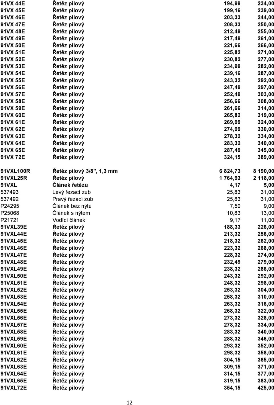287,00 91VX 55E Řetěz pilový 243,32 292,00 91VX 56E Řetěz pilový 247,49 297,00 91VX 57E Řetěz pilový 252,49 303,00 91VX 58E Řetěz pilový 256,66 308,00 91VX 59E Řetěz pilový 261,66 314,00 91VX 60E