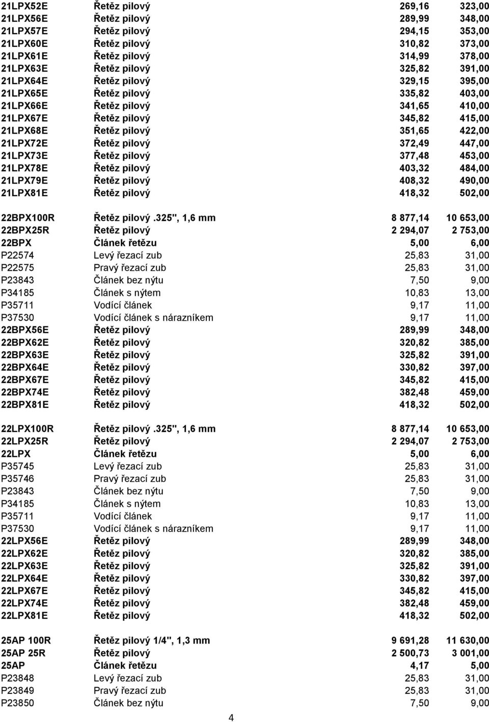 422,00 21LPX72E Řetěz pilový 372,49 447,00 21LPX73E Řetěz pilový 377,48 453,00 21LPX78E Řetěz pilový 403,32 484,00 21LPX79E Řetěz pilový 408,32 490,00 21LPX81E Řetěz pilový 418,32 502,00 22BPX100R