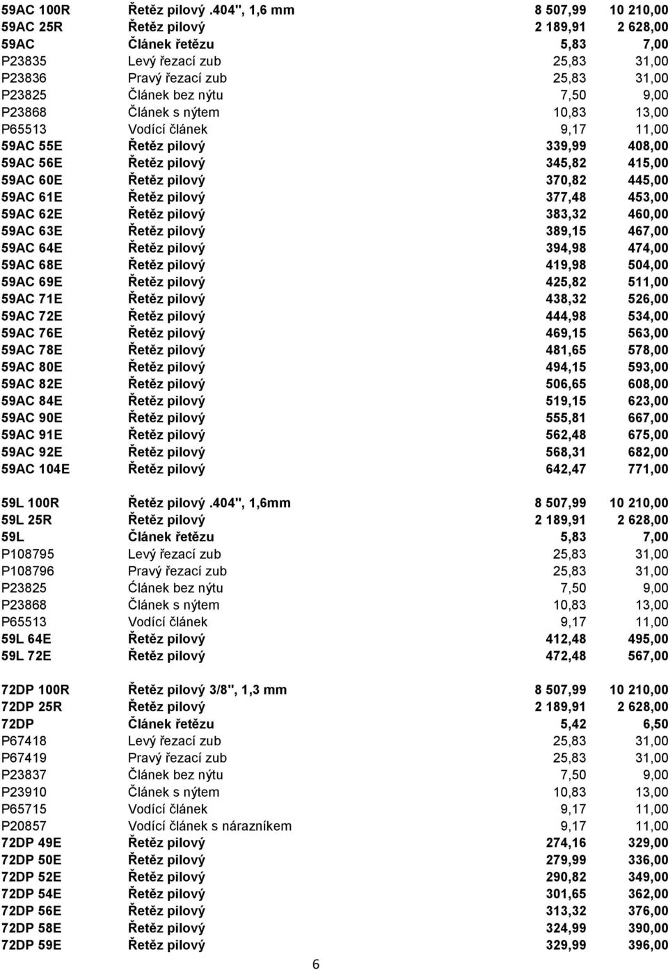 9,00 P23868 Článek s nýtem 10,83 13,00 P65513 Vodící článek 9,17 11,00 59AC 55E Řetěz pilový 339,99 408,00 59AC 56E Řetěz pilový 345,82 415,00 59AC 60E Řetěz pilový 370,82 445,00 59AC 61E Řetěz