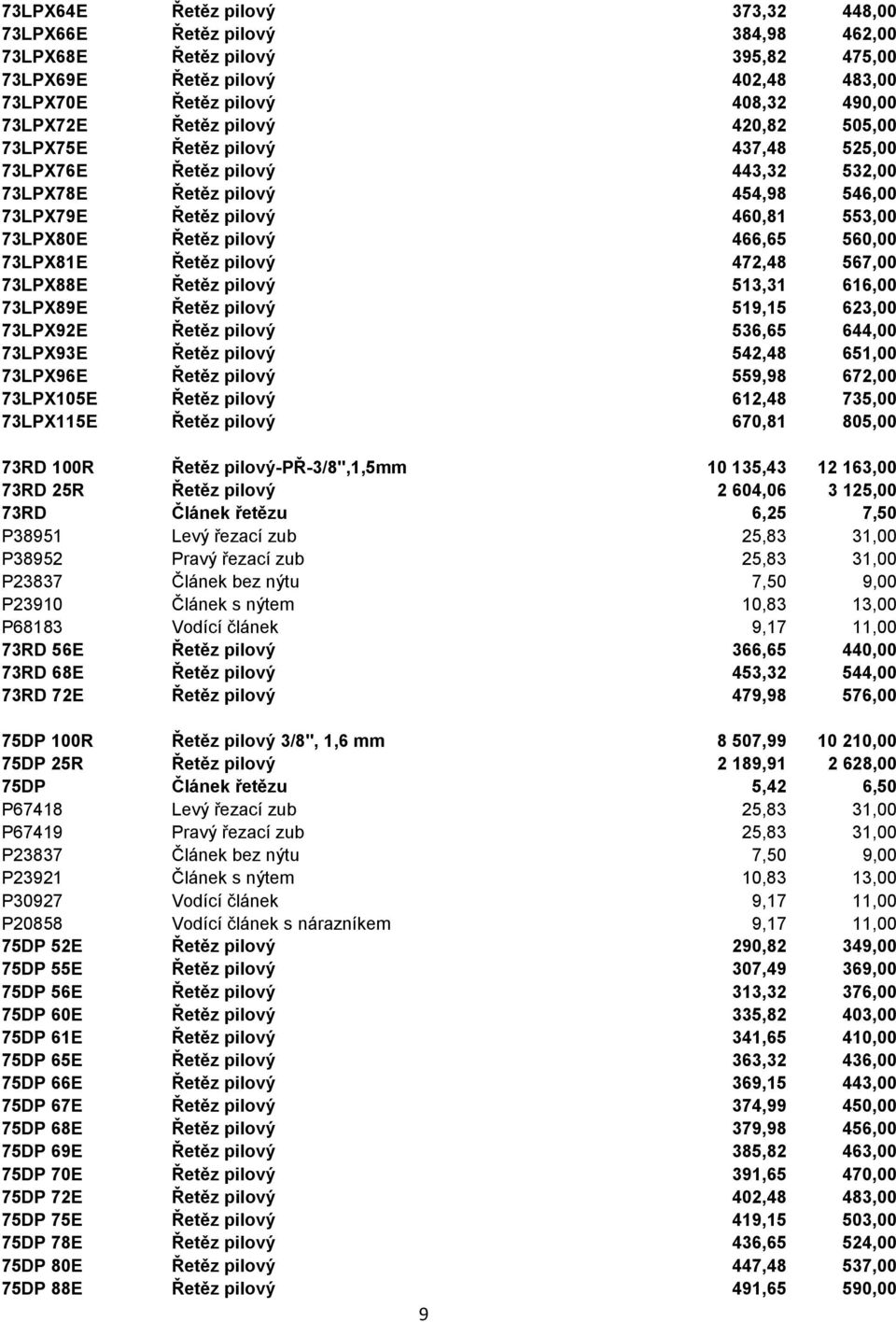 560,00 73LPX81E Řetěz pilový 472,48 567,00 73LPX88E Řetěz pilový 513,31 616,00 73LPX89E Řetěz pilový 519,15 623,00 73LPX92E Řetěz pilový 536,65 644,00 73LPX93E Řetěz pilový 542,48 651,00 73LPX96E