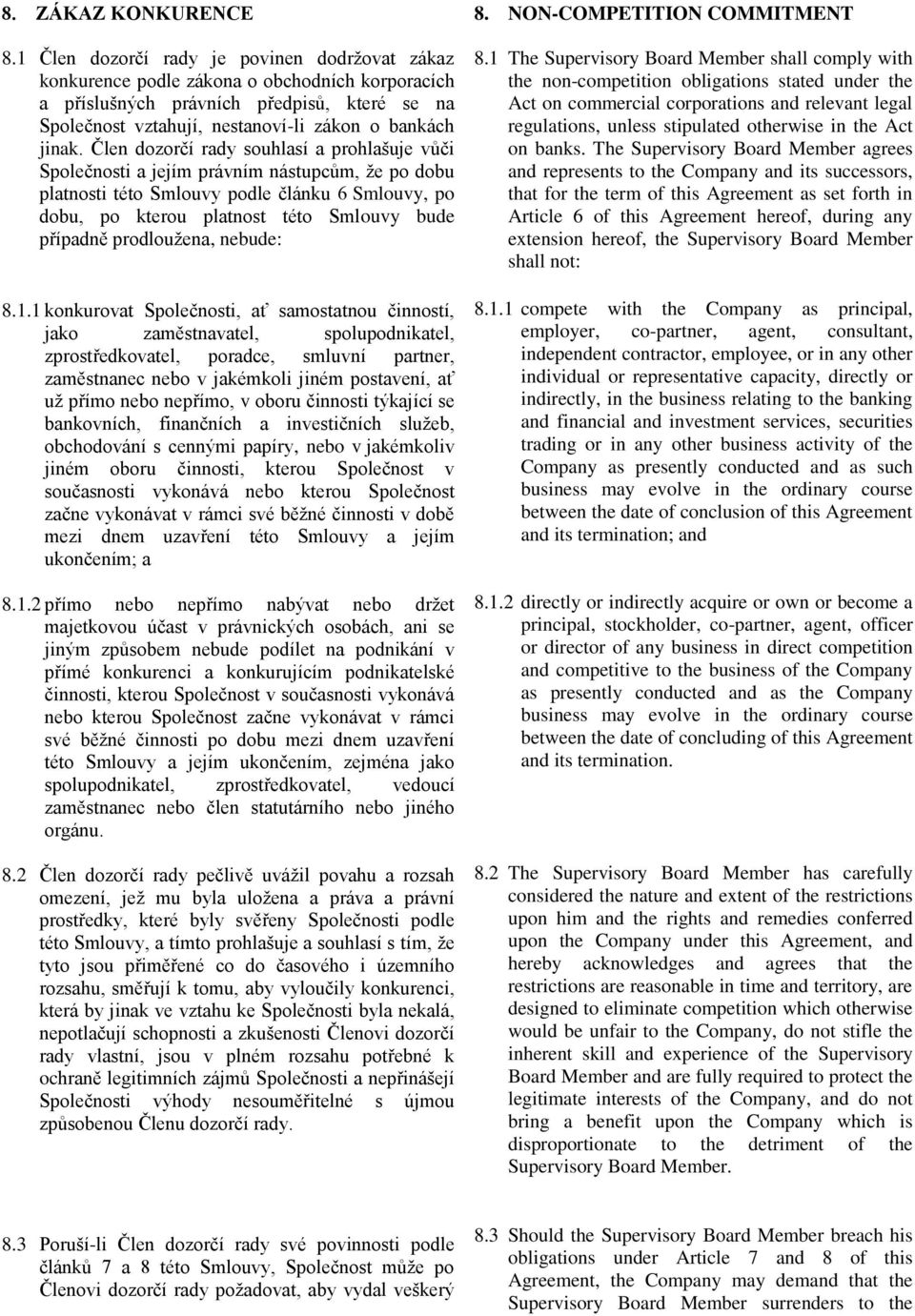 Člen dozorčí rady souhlasí a prohlašuje vůči Společnosti a jejím právním nástupcům, že po dobu platnosti této Smlouvy podle článku 6 Smlouvy, po dobu, po kterou platnost této Smlouvy bude případně
