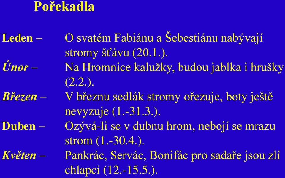 -31.3.). Ozývá-li se v dubnu hrom, nebojí se mrazu strom (1.-30.4.). Pankrác, Servác, Bonifác pro sadaře jsou zlí chlapci (12.