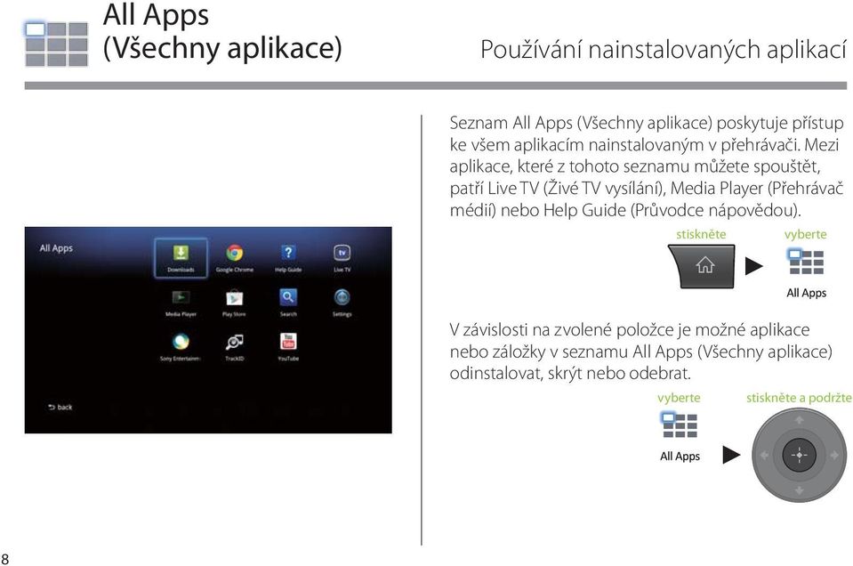 Mezi aplikace, které z tohoto seznamu můžete spouštět, patří Live TV (Živé TV vysílání), Media Player (Přehrávač médií)