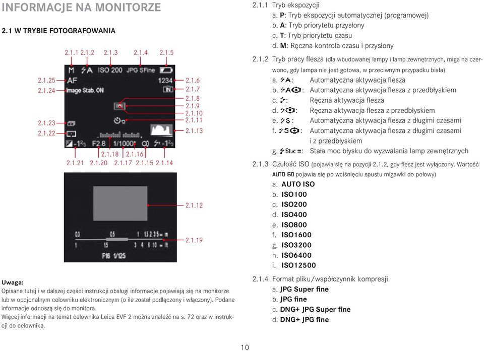 Podane informacje odnoszą się do monitora. Więcej informacji na temat celownika Leica EVF 2 można znaleźć na s. 72 oraz w instrukcji do celownika. 2.1.1 Tryb ekspozycji a.