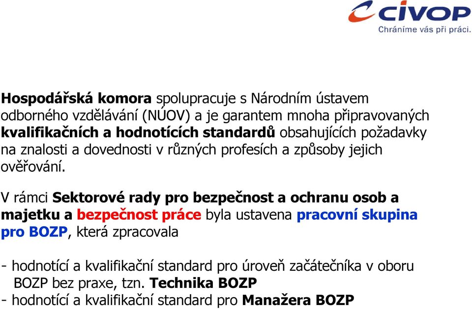 V rámci Sektorové rady pro bezpečnost a ochranu osob a majetku a bezpečnost práce byla ustavena pracovní skupina pro BOZP, která