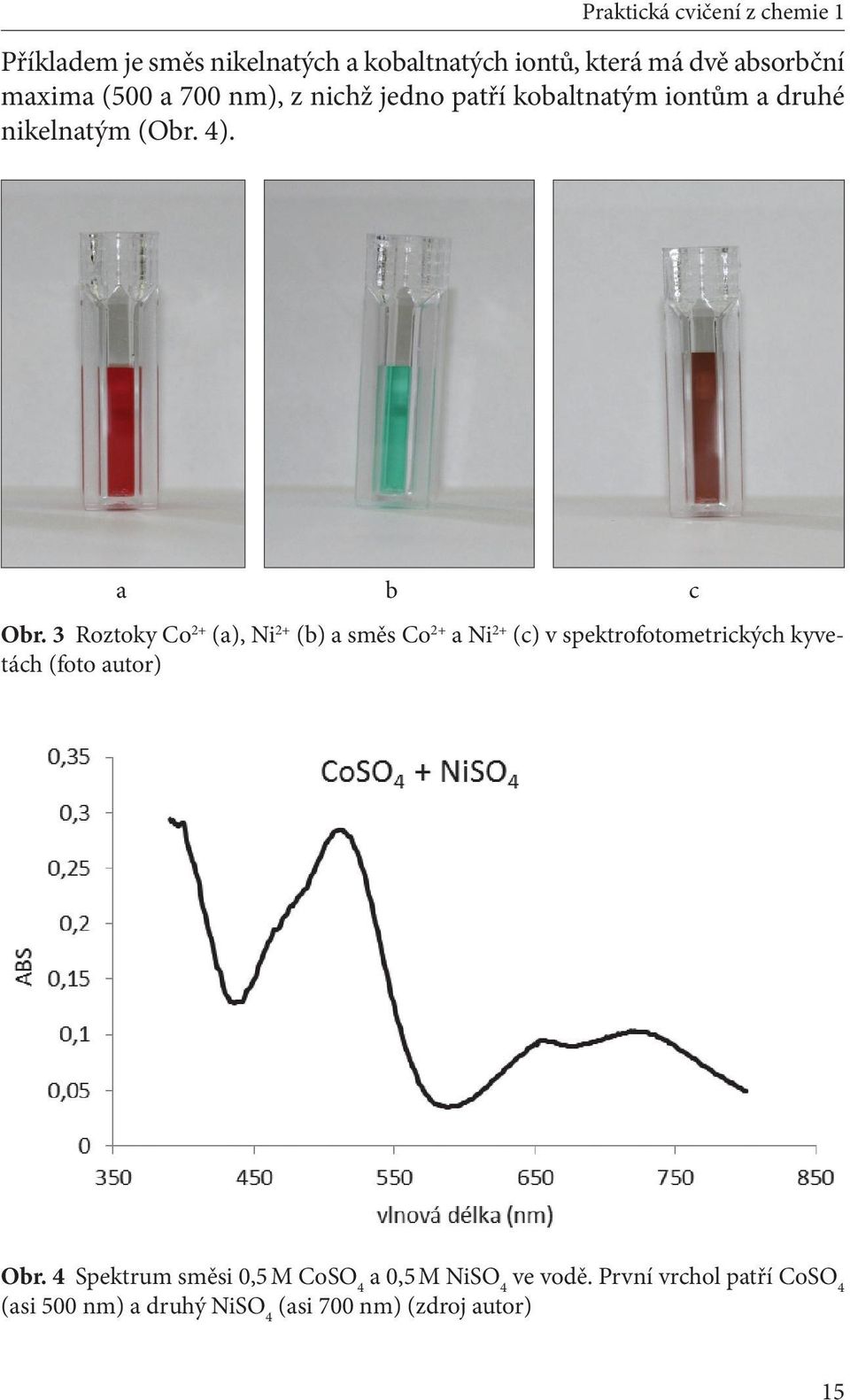 3 Roztoky Co 2+ (a), Ni 2+ (b) a směs Co 2+ a Ni 2+ (c) v spektrofotometrických kyvetách (foto autor) Obr.