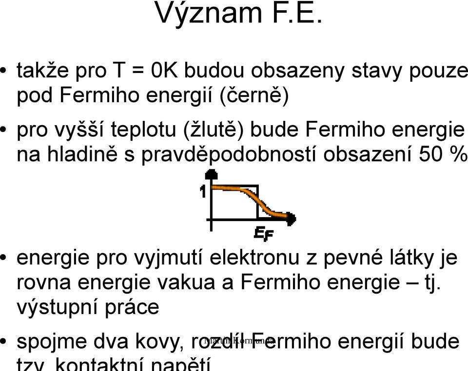 vyšší teplotu (žlutě) bude Fermiho energie na hladině s pravděpodobností