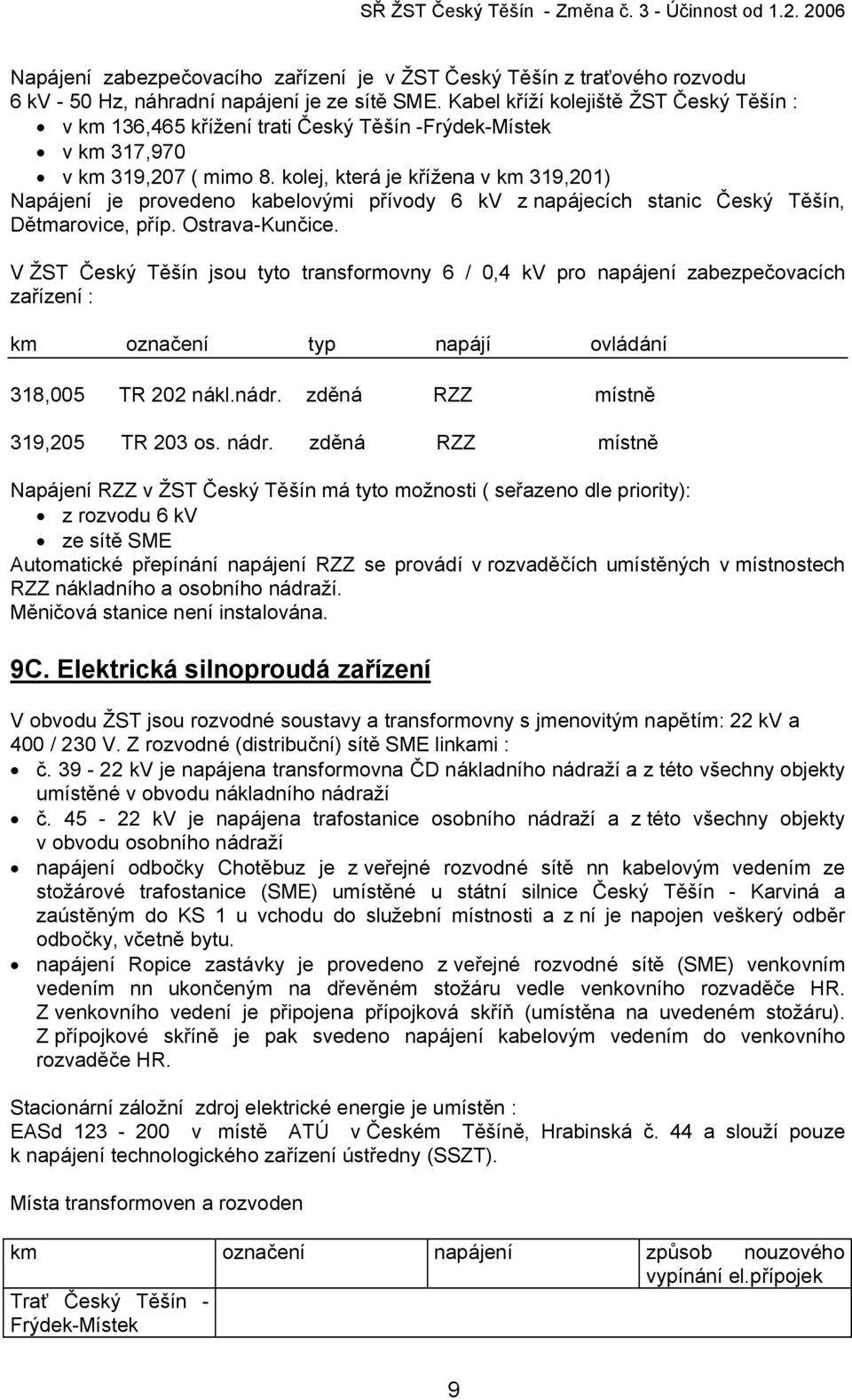 kolej, která je křížena v km 319,201) Napájení je provedeno kabelovými přívody 6 kv z napájecích stanic Český Těšín, Dětmarovice, příp. Ostrava-Kunčice.