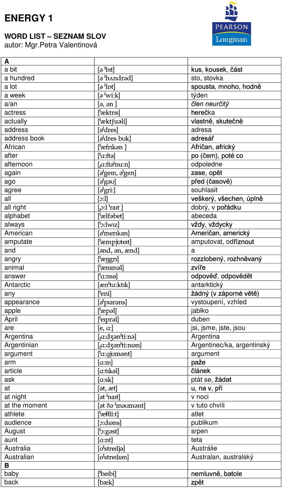 Energy 1 Word List Seznam Slov Autor Mgr Petra Valentinova A A Bit A Hundred Sto Stovka Address Z I Adresa Pdf Stazeni Zdarma