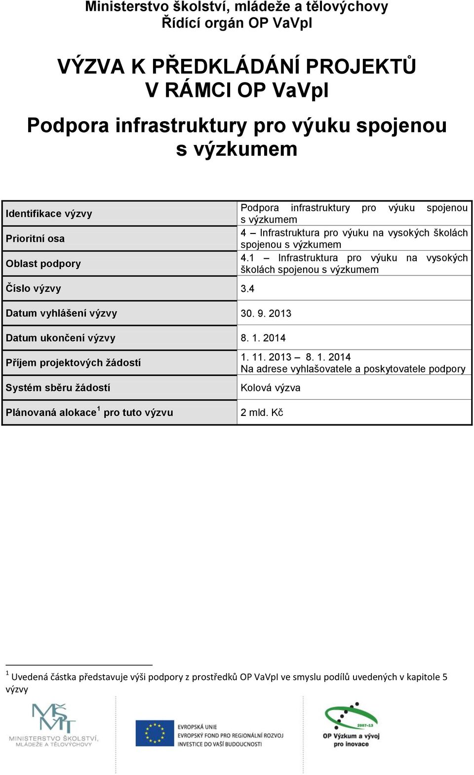 2014 Podpora infrastruktury pro výuku spojenou s výzkumem 4 Infrastruktura pro výuku na vysokých školách spojenou s výzkumem 4.