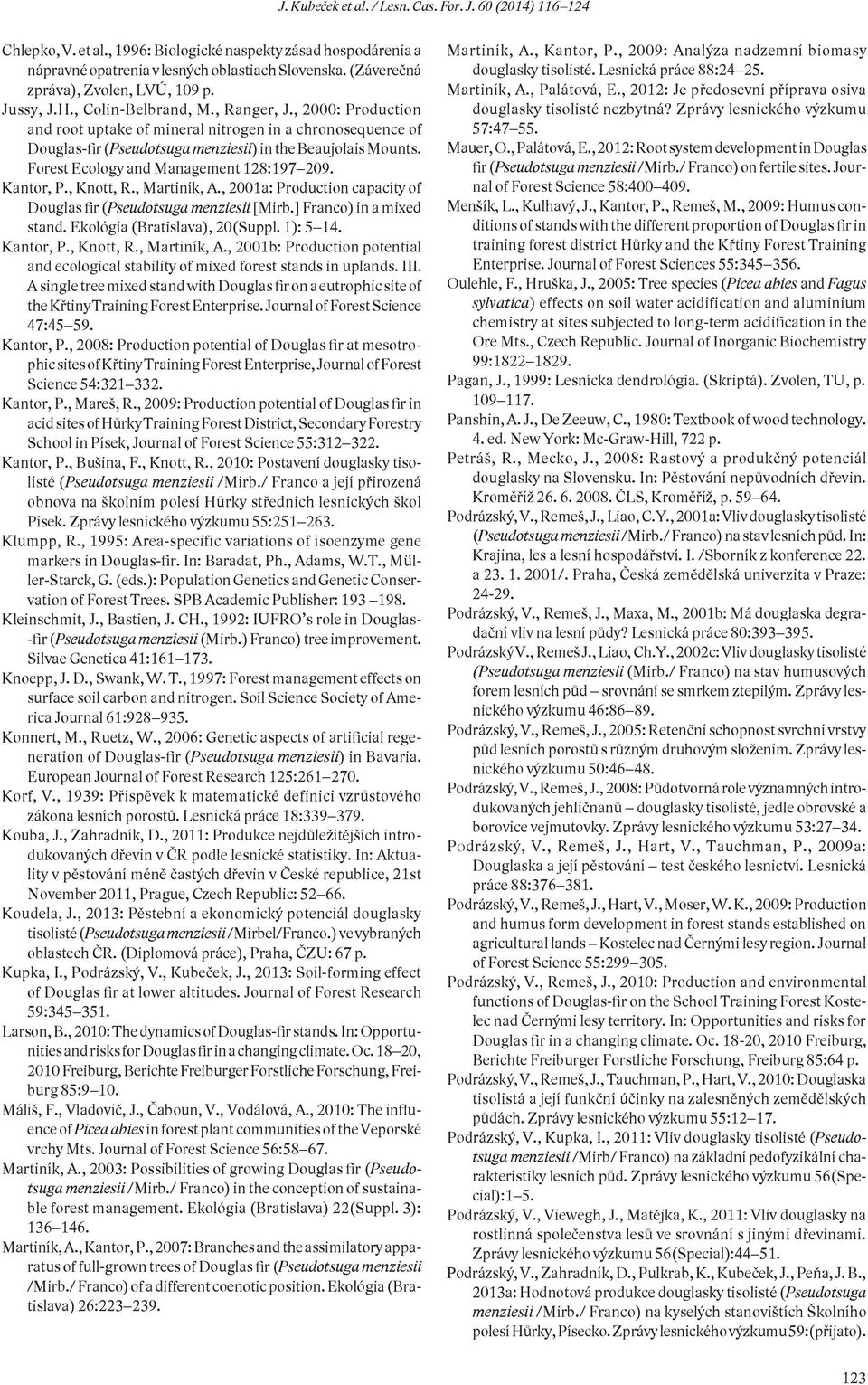 Kantor, P., Knott, R., Martiník, A., 2001a: Production capacity of Douglas fir (Pseudotsuga menziesii [Mirb.] Franco) in a mixed stand. Ekológia (Bratislava), 20(Suppl. 1): 5 14. Kantor, P., Knott, R., Martiník, A., 2001b: Production potential and ecological stability of mixed forest stands in uplands.