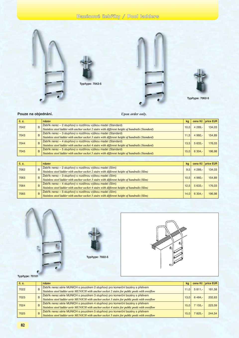 nerez 3 stupàov s rozdílnou v kou madel (Standard) 11,5 4 960,- 154,89 Stainless steel ladder with anchor socket 3 stairs with different height of handrails (Standard) 7044 B Îebfiík nerez 4 stupàov