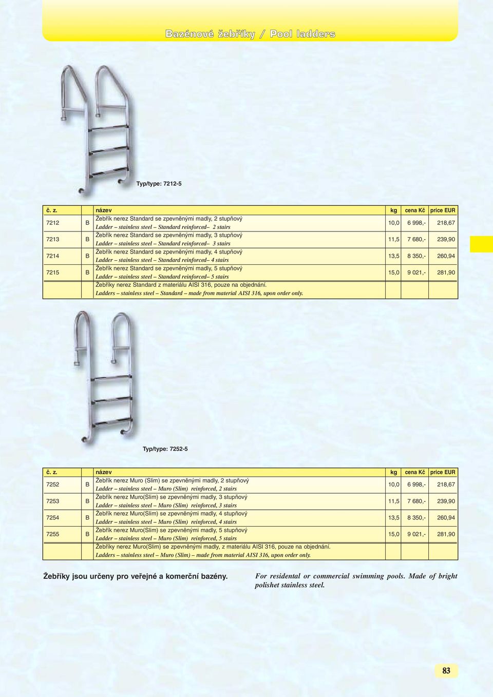 Standard reinforced 4 stairs 7215 B Îebfiík nerez Standard se zpevnûn mi madly, 5 stupàov Ladder stainless steel Standard reinforced 5 stairs 15,0 9 021,- 281,90 Îebfiíky nerez Standard z materiálu