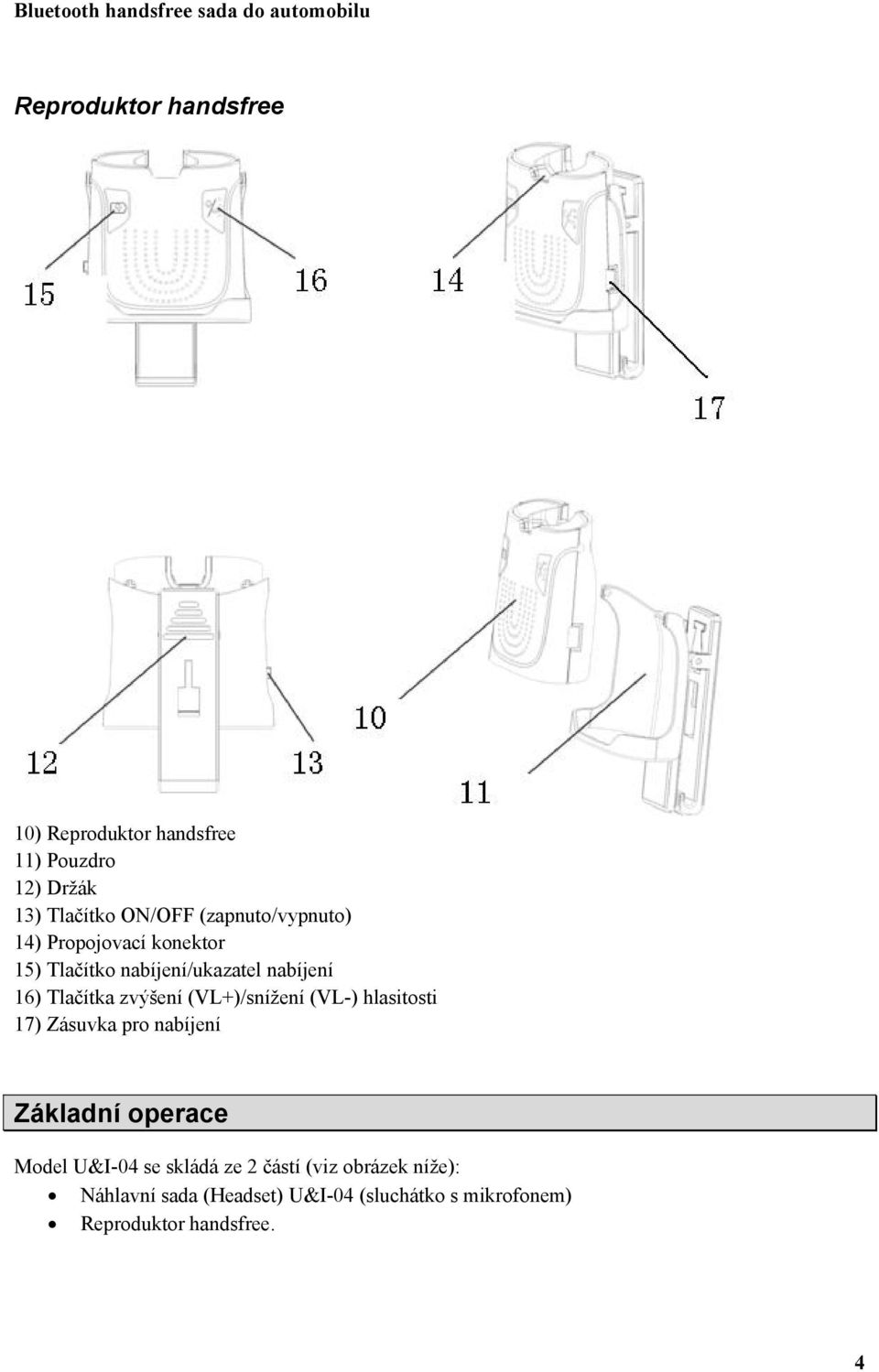 zvýšení (VL+)/snížení (VL-) hlasitosti 17) Zásuvka pro nabíjení Základní operace Model U&I-04 se