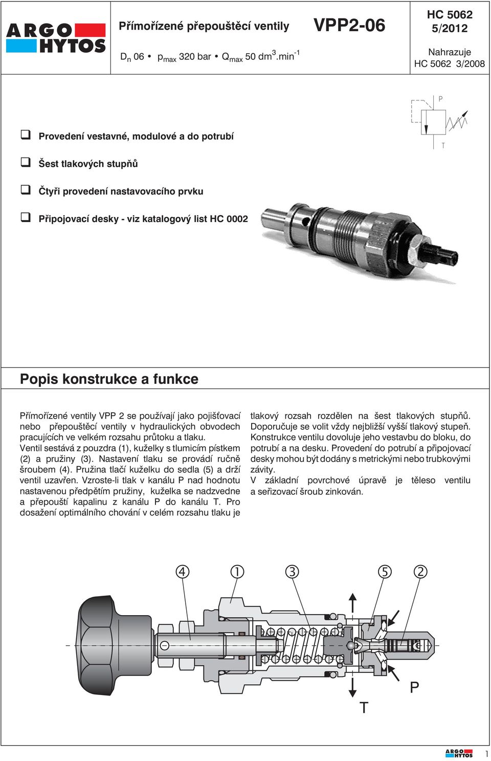 0002 Popis konstrukce a funkce Přímořízené ventily VPP 2 se používají jako pojišovací nebo přepouštěcí ventily v hydraulických obvodech pracujících ve velkém rozsahu průtoku a tlaku.