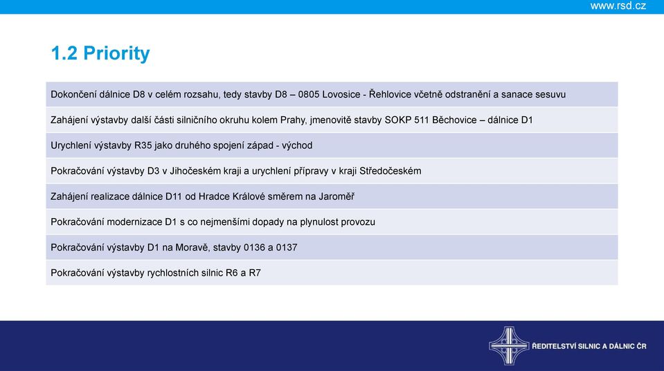 výstavby D3 v Jihočeském kraji a urychlení přípravy v kraji Středočeském Zahájení realizace dálnice D11 od Hradce Králové směrem na Jaroměř Pokračování