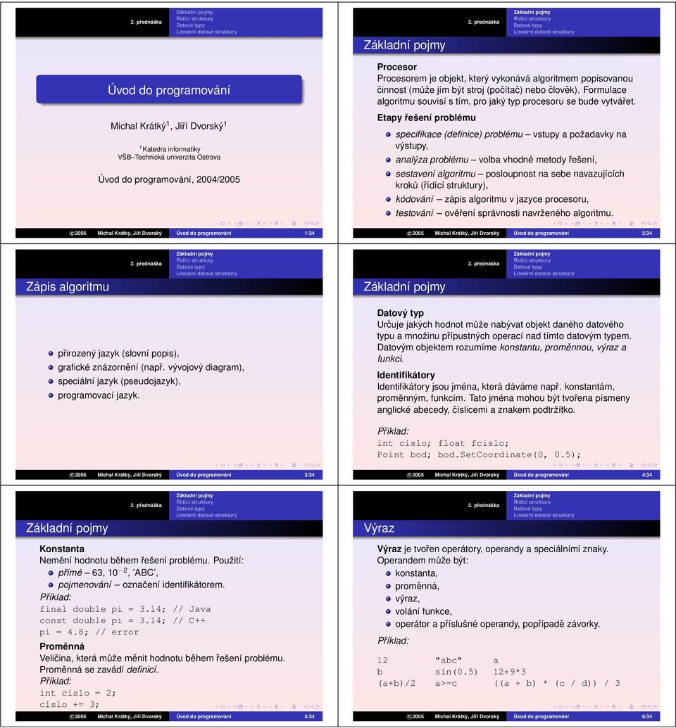 Etapy řešení problému specifikace (definice) problému vstupy a požadavky na výstupy, analýza problému volba vhodné metody řešení, sestavení algoritmu posloupnost na sebe navazujících kroků (řídící