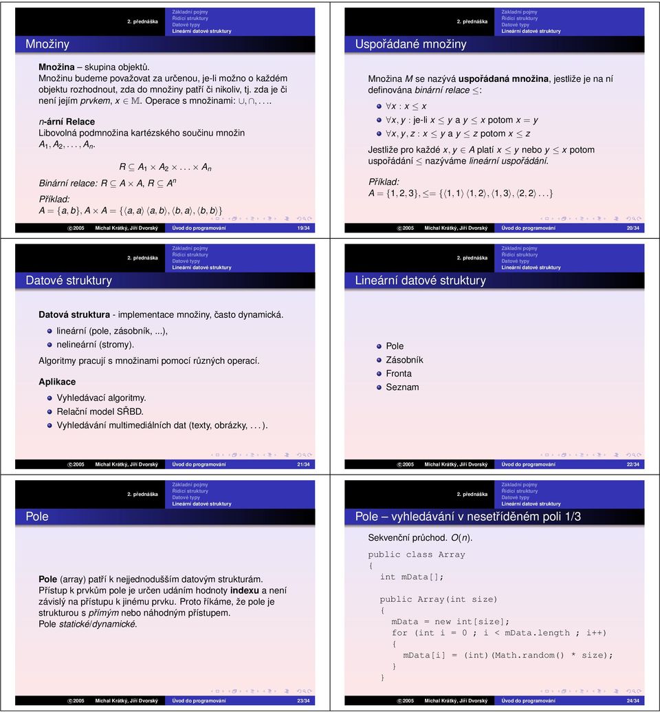 .. A n Binární relace: R A A, R A n A = a, b, A A = a, a a, b, b, a, b, b c 2005 Michal Krátký, Jiří Dvorský Úvod do programování 19/34 Množina M se nazývá uspořádaná množina, jestliže je na ní