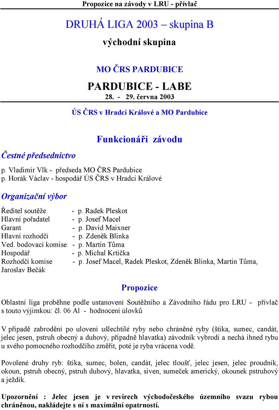Horák Václav - hospodář ÚS ČRS v Hradci Králové Organizační výbor Ředitel soutěže - p. Radek Pleskot Hlavní pořadatel - p. Josef Macel Garant - p. David Maixner Hlavní rozhodčí - p. Zdeněk Blinka Ved.