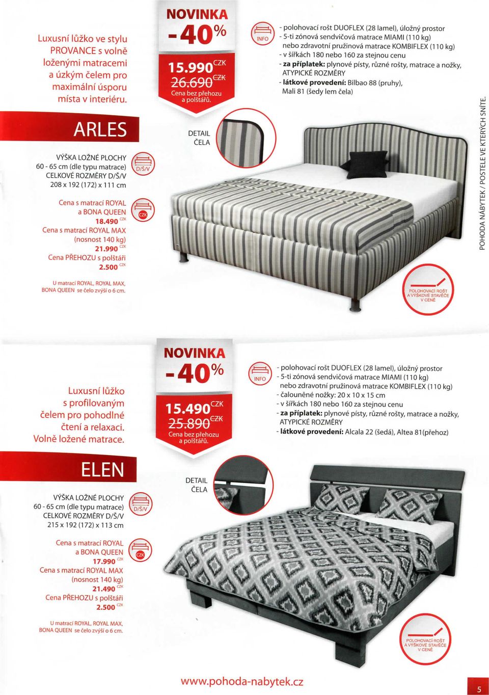 a nozky, - latkove provedeni: Bilbao 88 (pruhy), Mali 81 (sedy lem cela) ARLES DETAIL CELA 60-65 cm (die typu matrace) 208 x192(1 72)xin cm. D/S/V. 18.490 MAX 21.990 Cena PREHOZU s polstari 2.