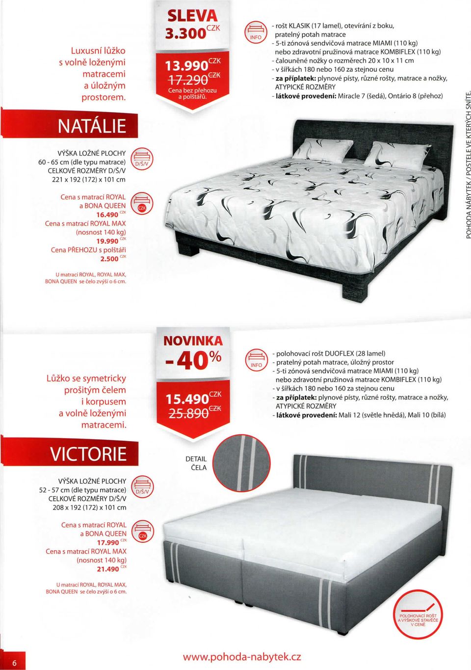 stejnou cenu - za pnplatek: plynove pisty, ruzne rosty, matrace a nozky, - latkove provedeni: Miracle 7 (seda), Ontario 8 (pfehoz) NATALIE 60-65 cm (die typu matrace) VD/S/V, 221 xl92(172)xl01 cm > o