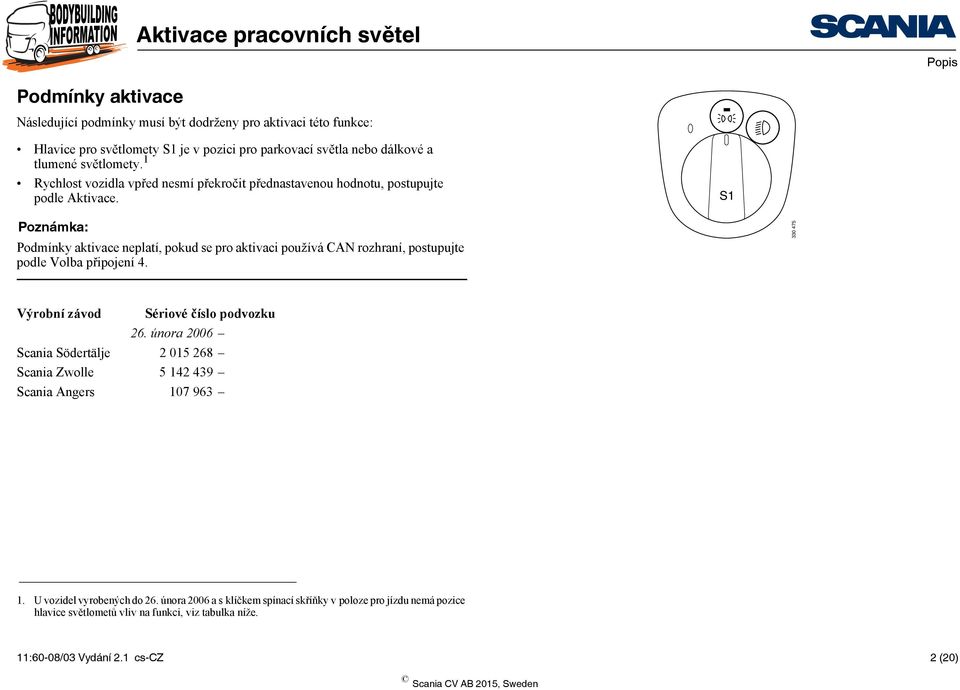 S1 Poznámka: Podmínky aktivace neplatí, pokud se pro aktivaci používá CAN rozhraní, postupujte podle Volba připojení 4. 330 475 Výrobní závod Sériové číslo podvozku 26.