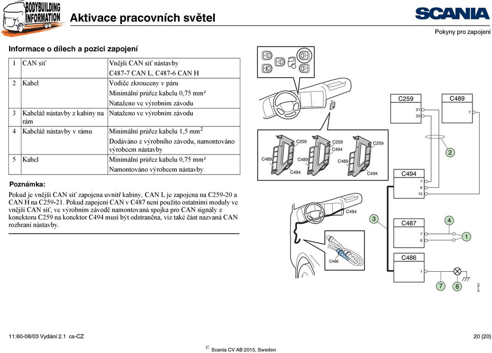 průřez kabelu 0,75 mm² Poznámka: Pokud je vnější CAN síť zapojena uvnitř kabiny, CAN L je zapojena na C259-20 a CAN H na C259-21.