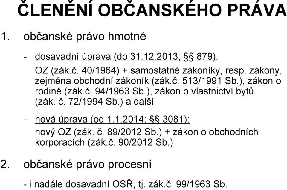 ), zákon o vlastnictví bytů (zák. č. 72/1994 Sb.) a další - nová úprava (od 1.1.2014; 3081): nový OZ (zák. č. 89/2012 Sb.