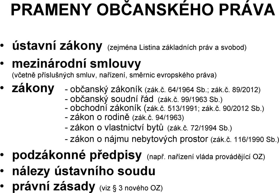 ) - obchodní zákoník (zák.č. 513/1991; zák.č. 90/2012 Sb.) - zákon o rodině (zák.č. 94/1963) - zákon o vlastnictví bytů (zák.č. 72/1994 Sb.