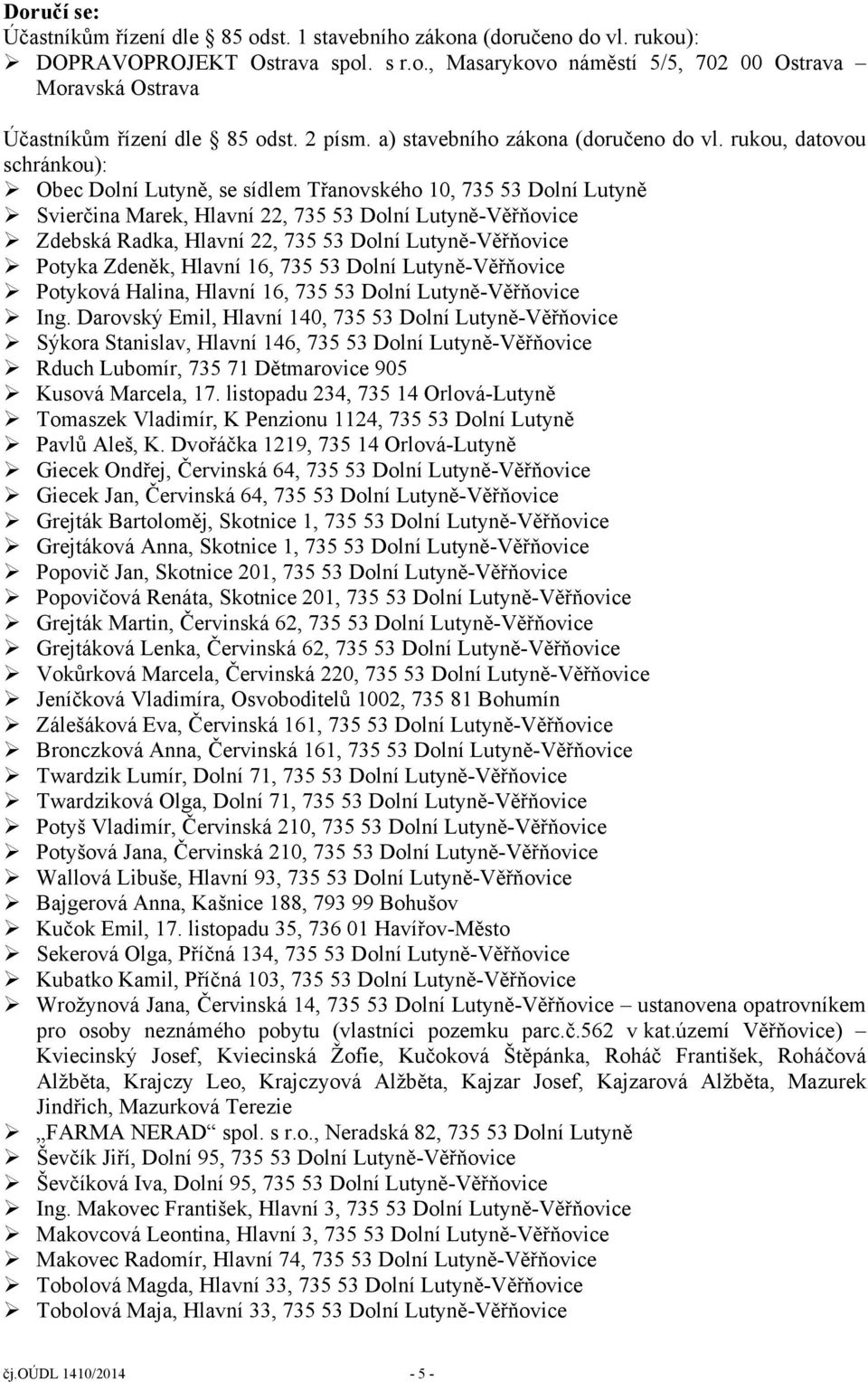 rukou, datovou schránkou): Obec Dolní Lutyně, se sídlem Třanovského 10, 735 53 Dolní Lutyně Svierčina Marek, Hlavní 22, 735 53 Dolní Lutyně-Věřňovice Zdebská Radka, Hlavní 22, 735 53 Dolní