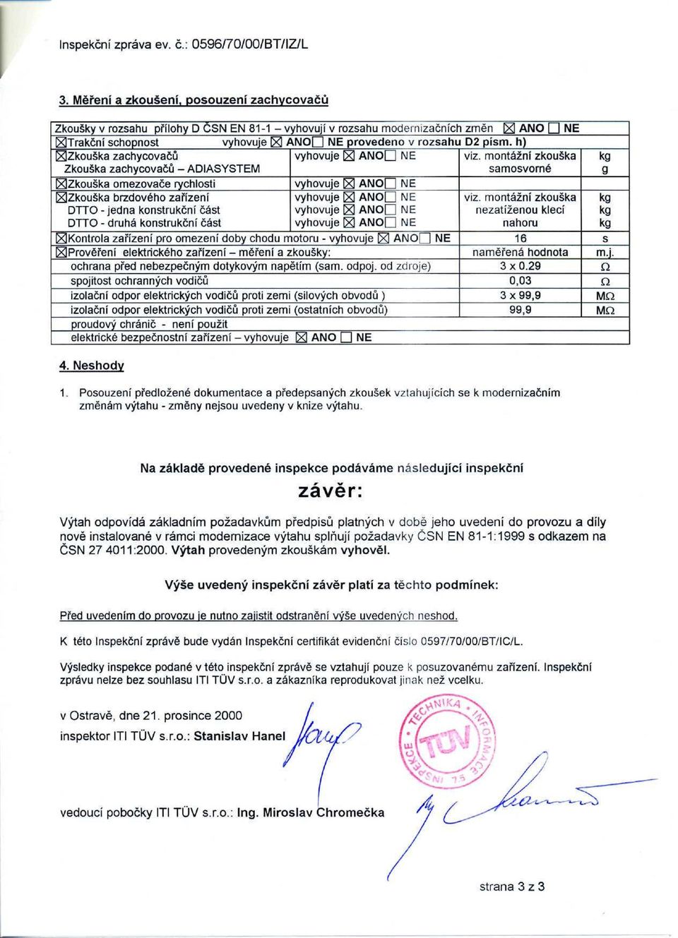 písm. h) ^Zkouška zachycovačú Zkouška zachycovačú - ADIASYSTEM ^Zkouška omezovače rychlosti ^Zkouška brzdového zařízení DTTO -jedna konstrukční část DTTO - druhá konstrukční část vyhovuje 3 ANOD NE